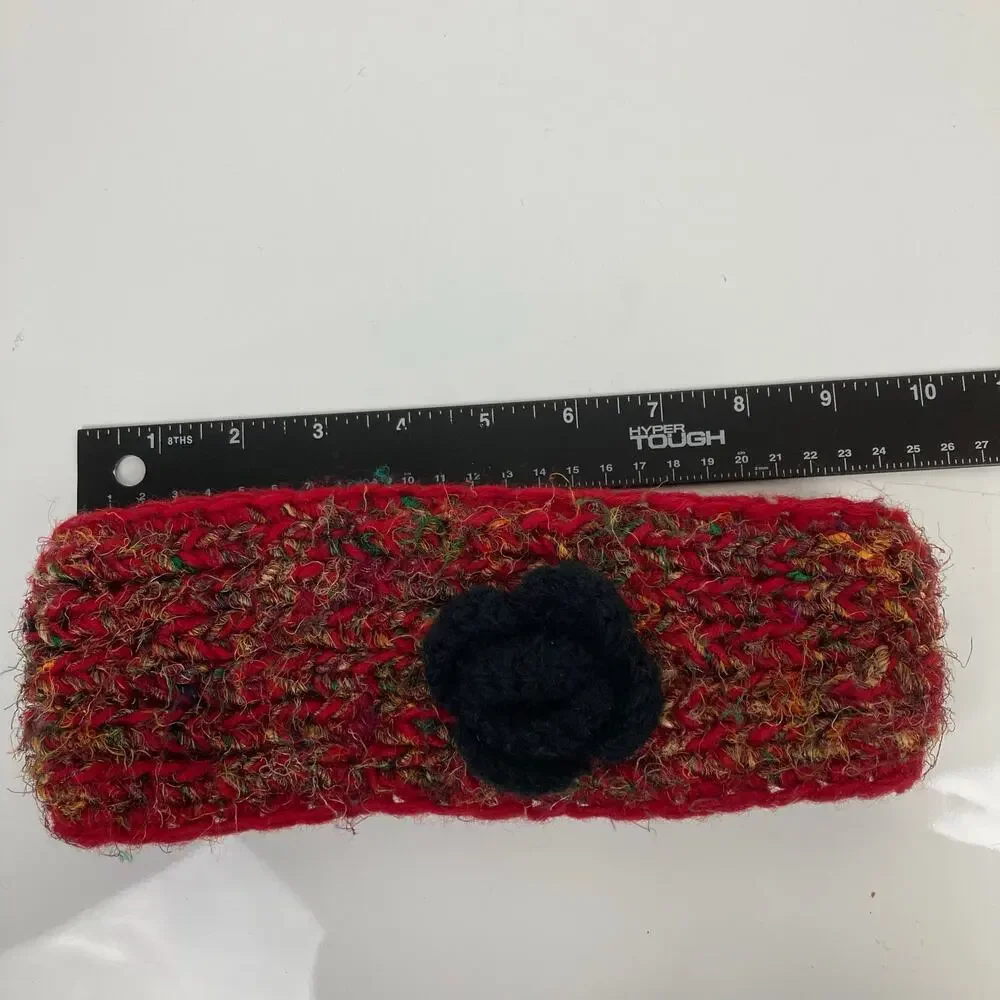 Rising Tide Wool Silk Blend Knit Headband Red Black Flower Fleece Lined Nepal
